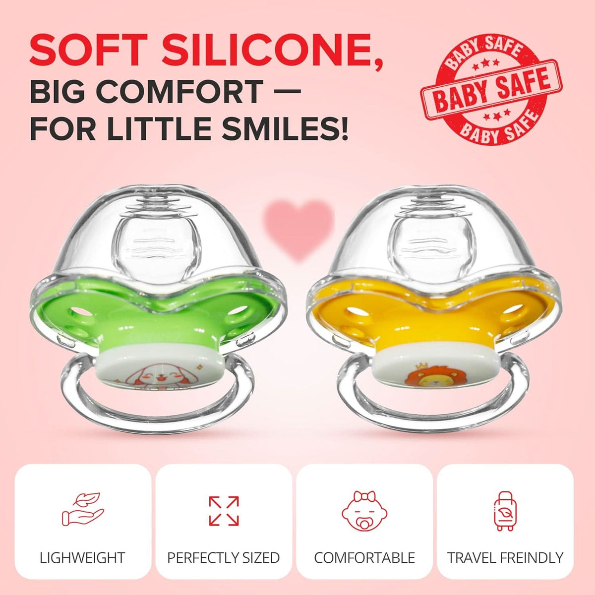 Binky Orthodontic Pacifier Set with Snap On Cover - Wild and Cuddly Series  - Rabbit and Lion