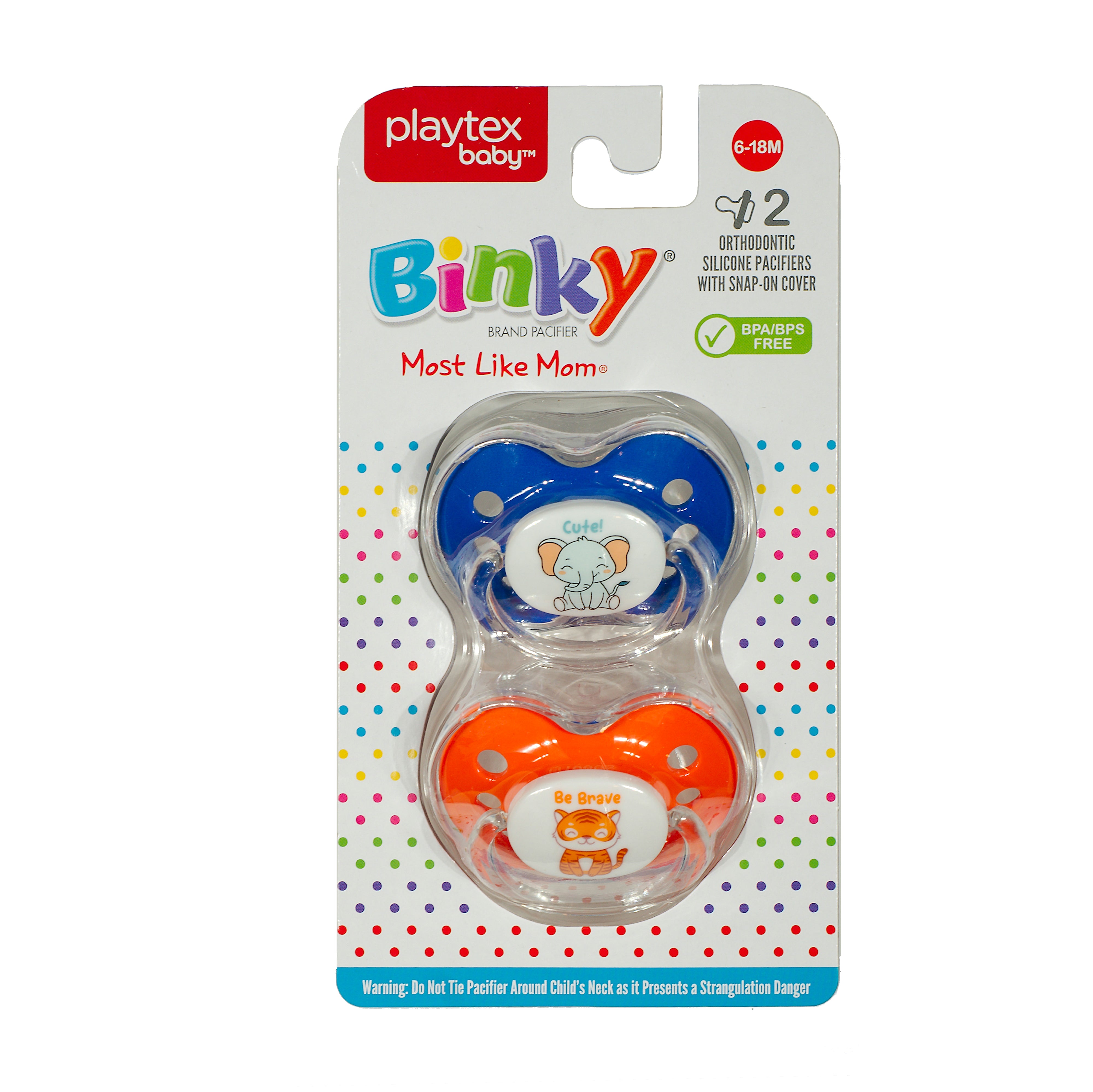 Binky® Orthodontic Pacifier With Snap On Cover - Wild and Cuddly Series  - Elephant and Tiger