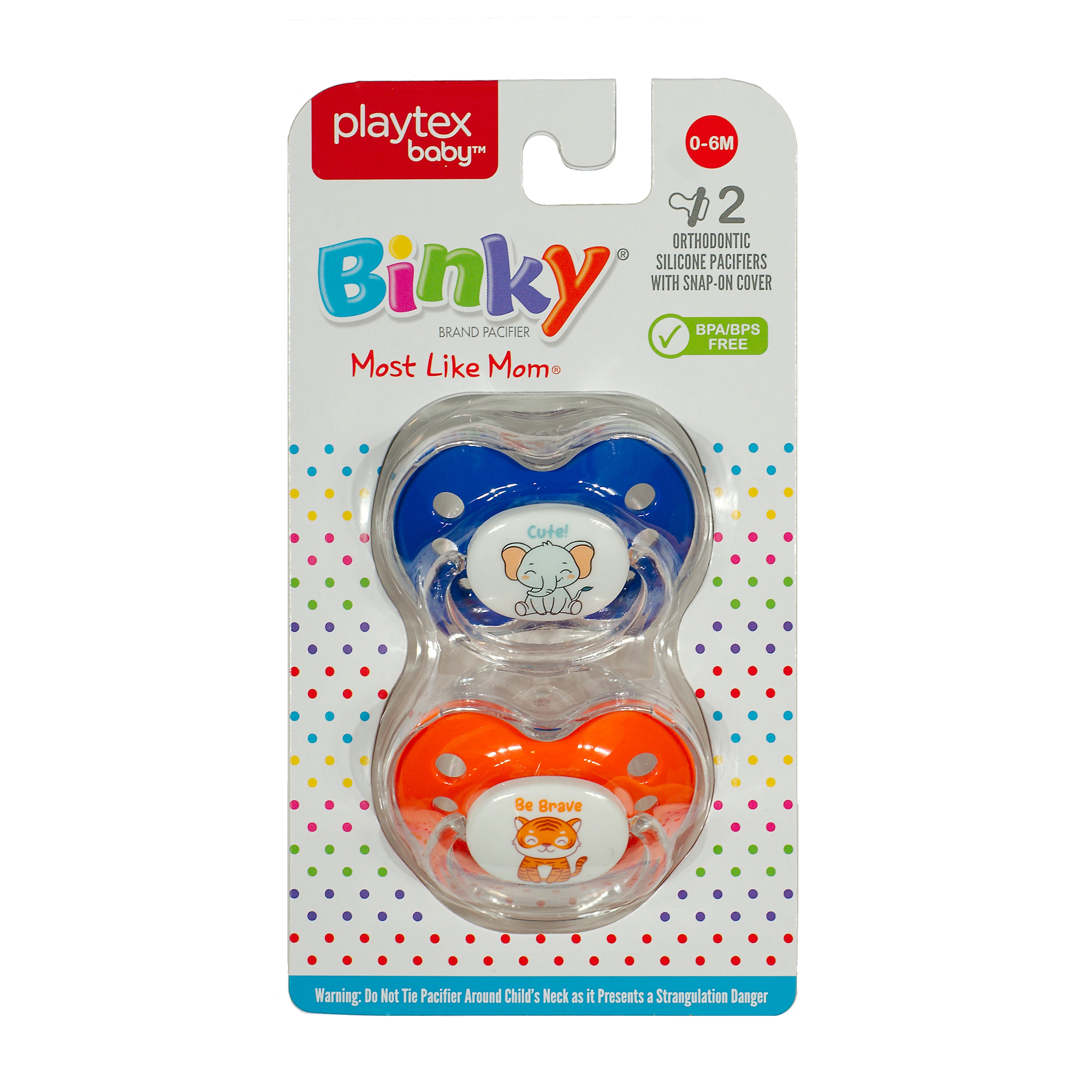 Binky® Orthodontic Pacifier With Snap On Cover - Wild and Cuddly Series  - Elephant and Tiger