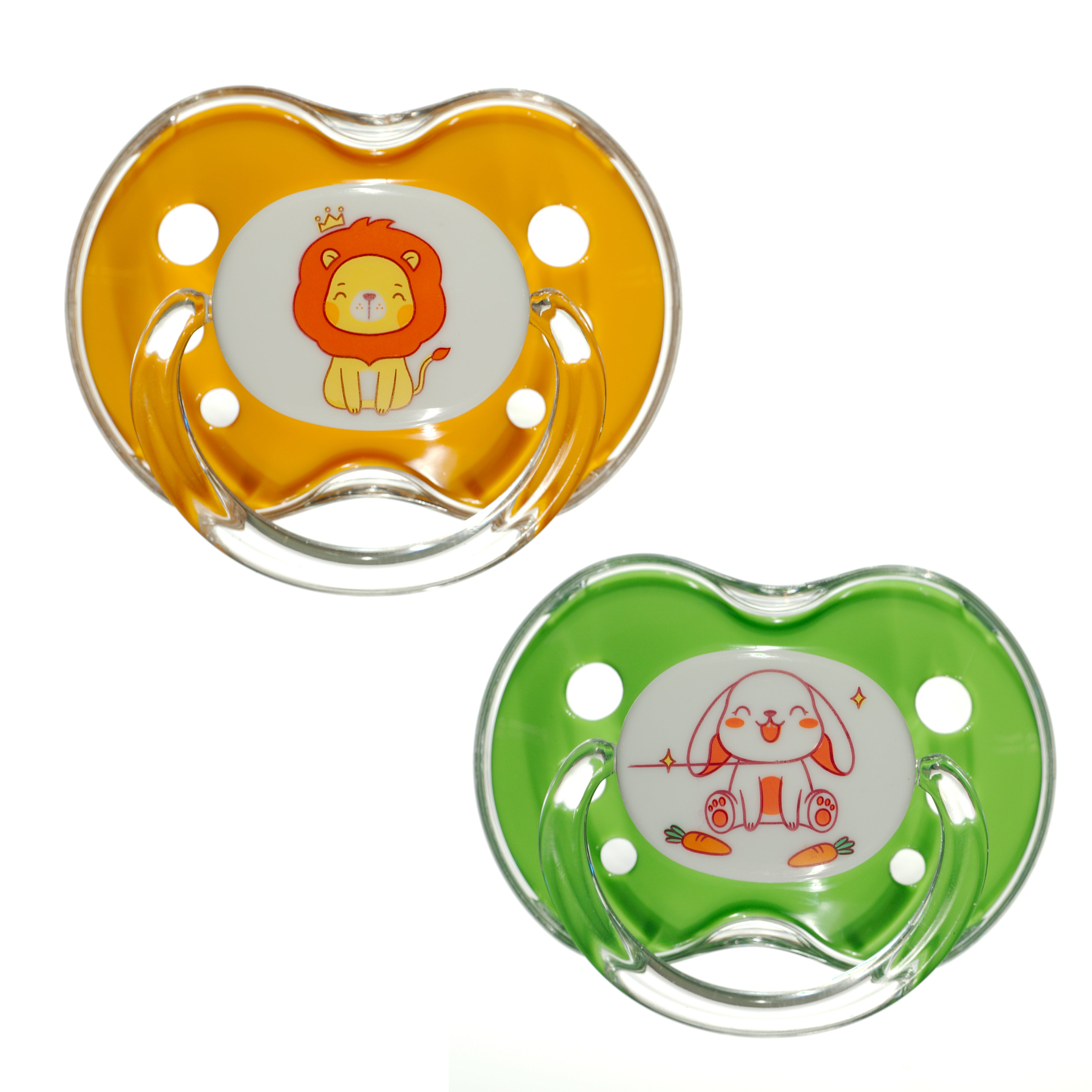 Binky Orthodontic Pacifier Set with Snap On Cover - Wild and Cuddly Series  - Rabbit and Lion (6 Month Plus)