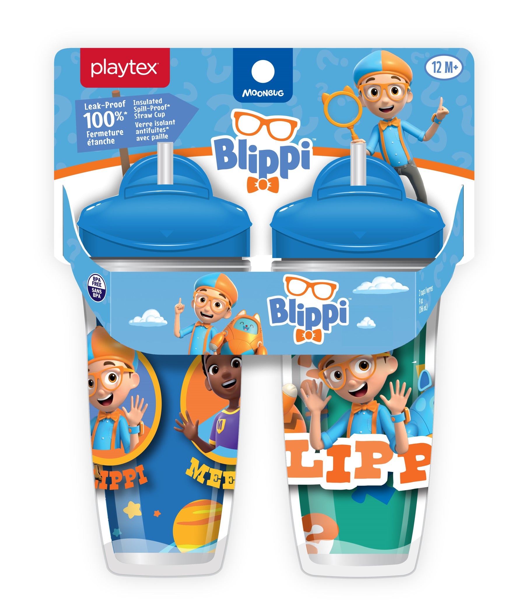 Playtex Baby Stage 3 Blippi & Meekah Straw Cups, Spill-Proof, Leak-Proof, Insulated, 3D Graphics, 9 Ounce (Pack of 2)