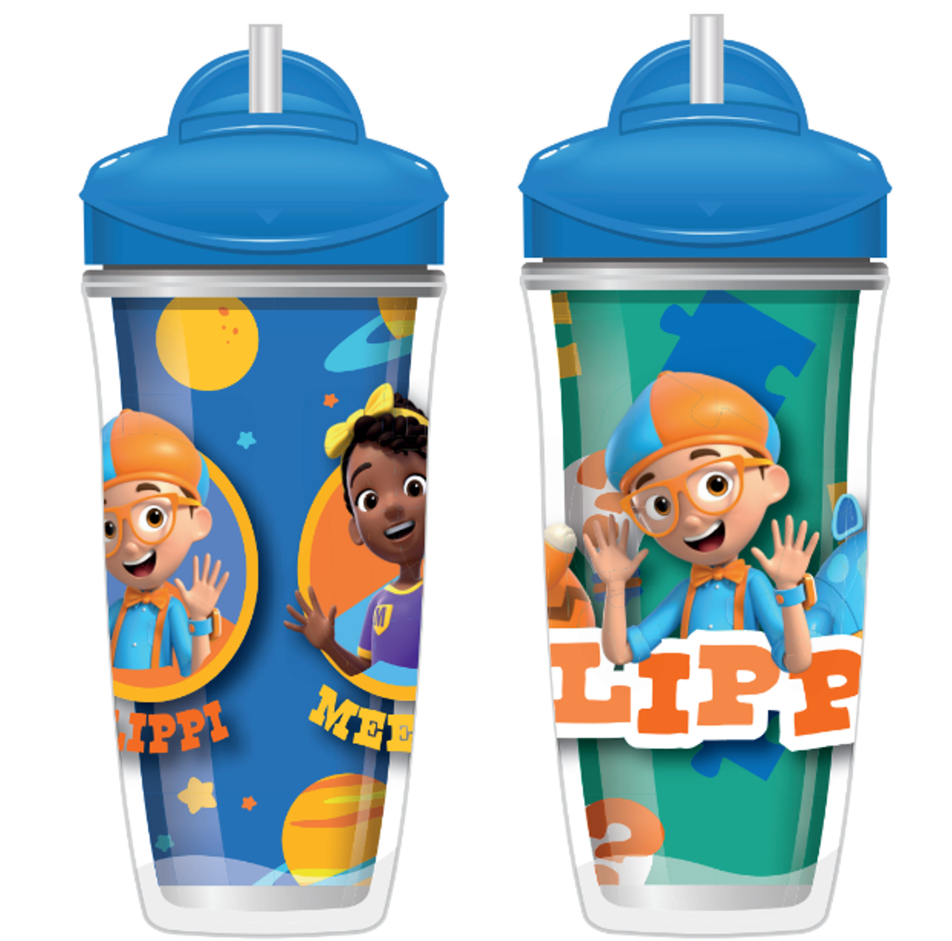 Playtex Baby Stage 3 Blippi & Meekah Straw Cups, Spill-Proof, Leak-Proof, Insulated, 3D Graphics, 9 Ounce (Pack of 2)