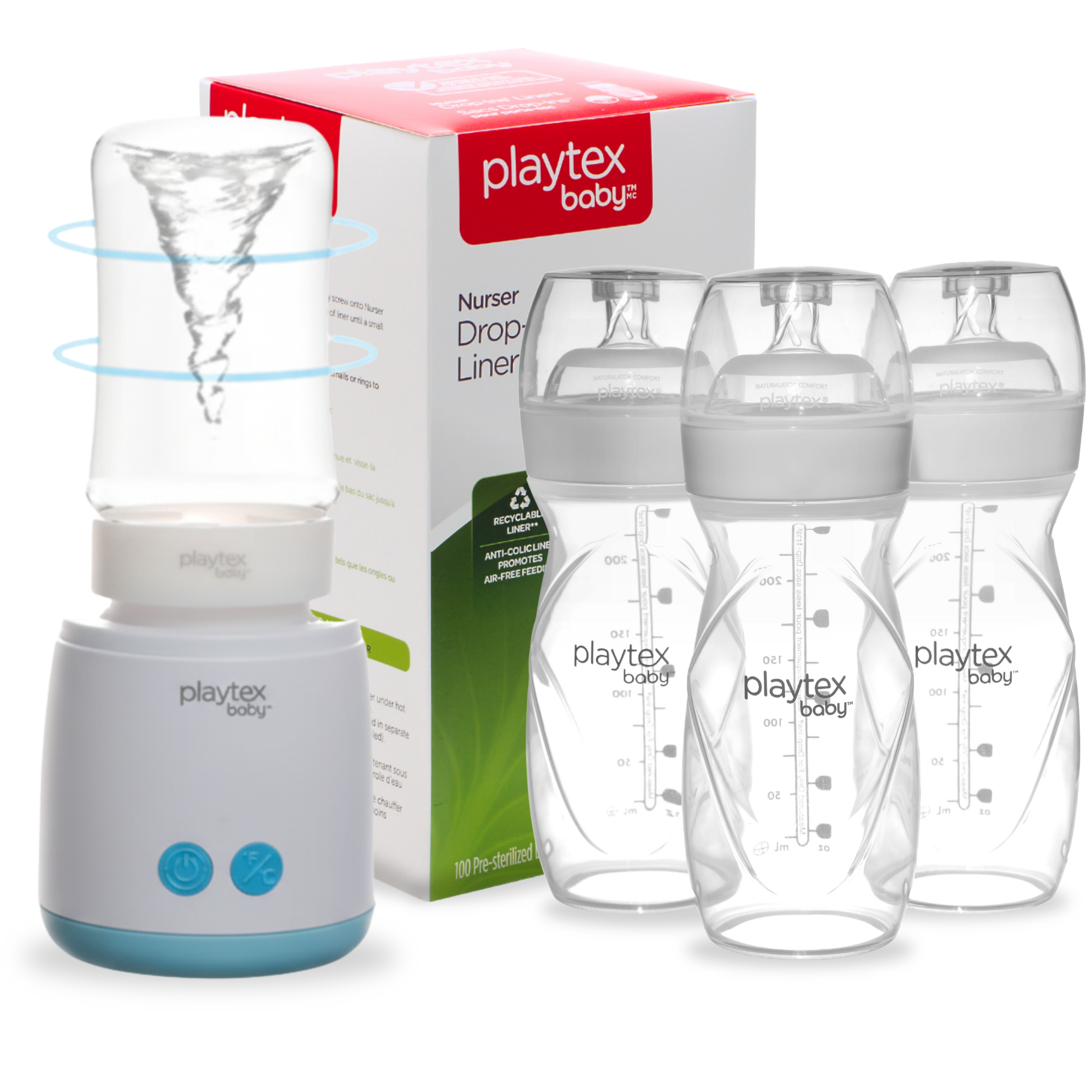 playtex evenflo bottles Playtex Vortex Rechargeable Bottle Warmer – Fast, Even Heating with Built-In Mixing Swirl Bottle Warmer + 4 oz Bottles & 100 Liners