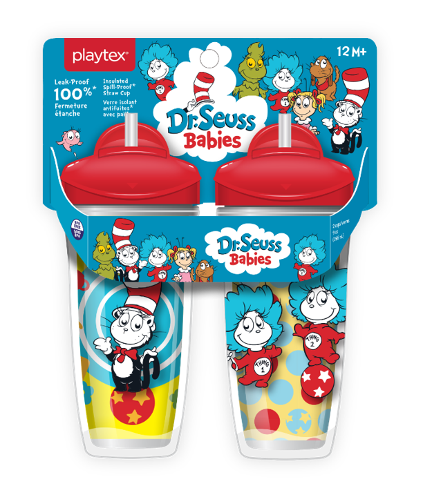 Playtex Baby Stage 3 Dr. Seuss Straw Cups, Spill-Proof, Leak-Proof, Insulated, 3D Graphics, 9 Ounce (Pack of 2)