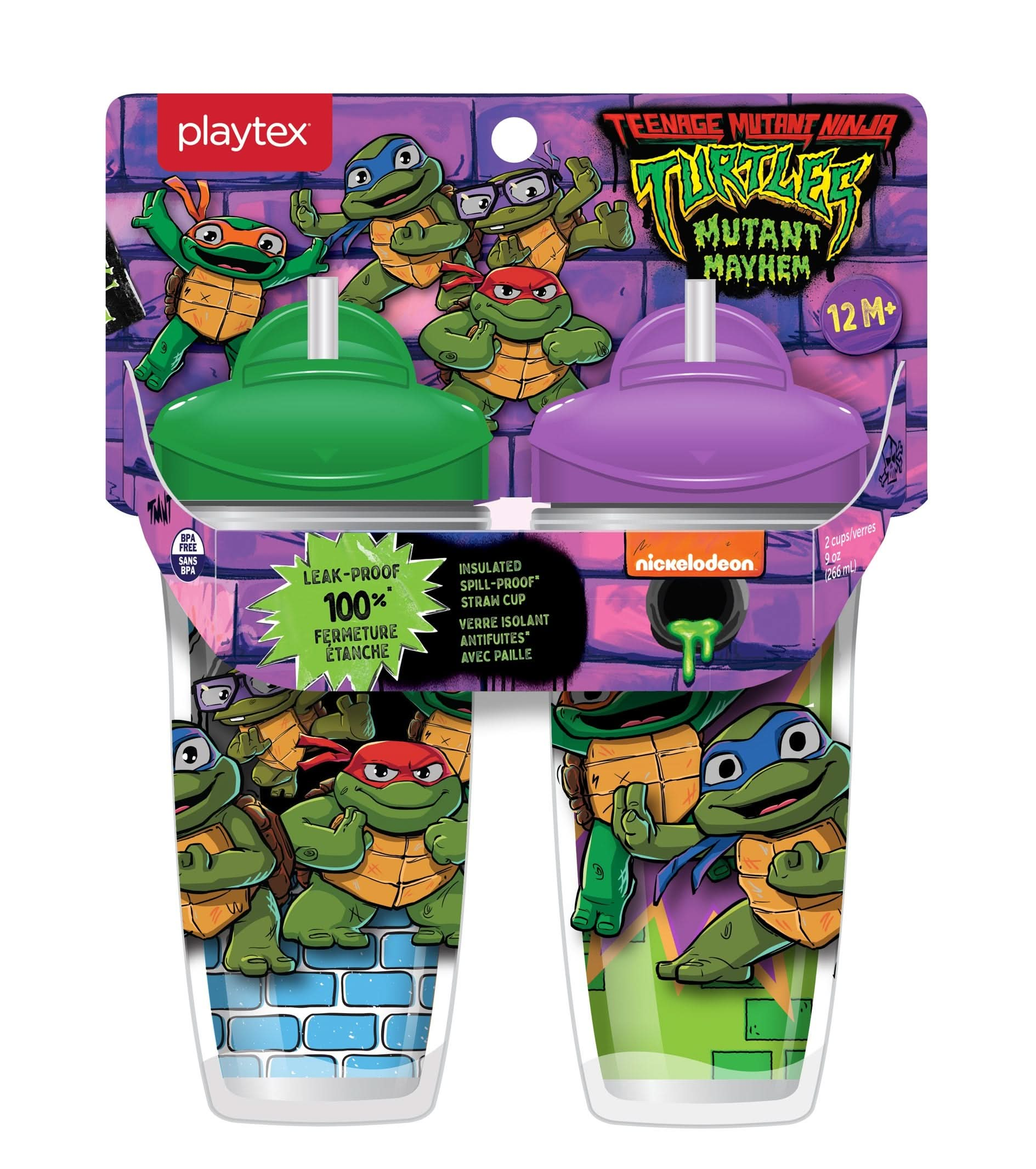 Playtex Baby Stage 3 Teenage Mutant Ninja Turtles Straw Cups, Spill-Proof, Leak-Proof, Insulated, 3D Graphics, 9 Ounce (Pack of 2)