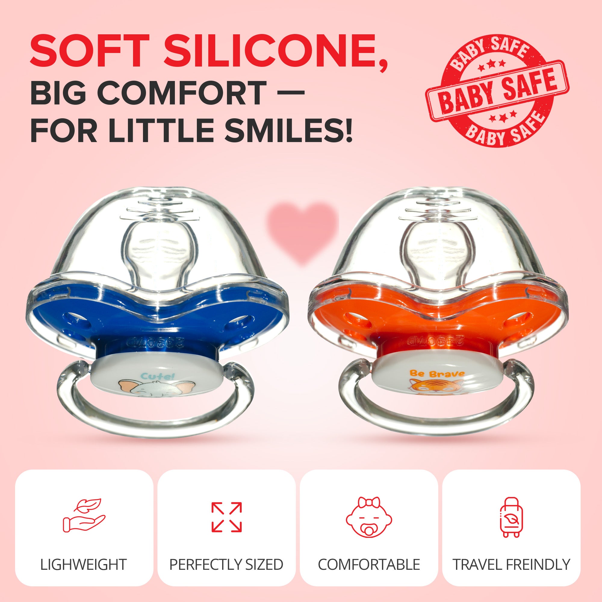 Binky® Orthodontic Pacifier With Snap On Cover - Wild and Cuddly Series  - Elephant and Tiger